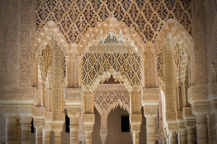 Architectural detail of the pillars at the Alhambra Palace in Granada, Spain