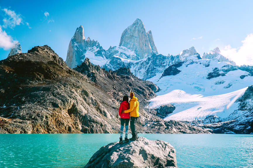 Couple enjoying the view at Mount Fitzroy in Patagonia