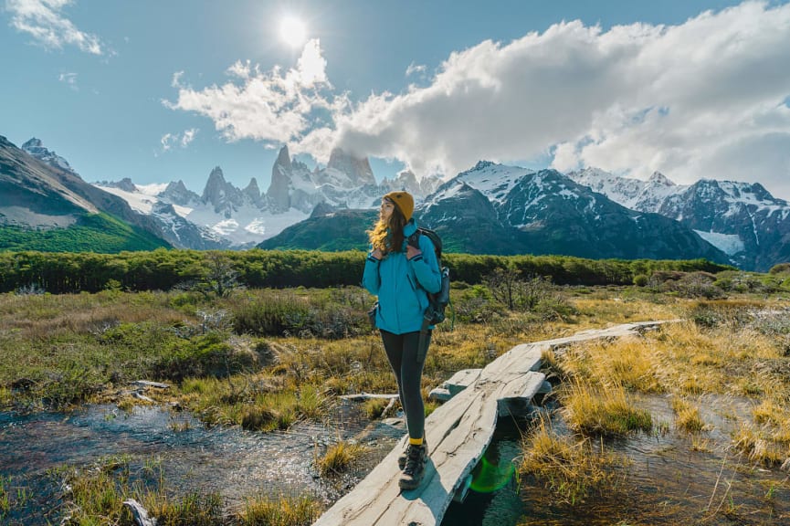 Young woman hiking in El Chalten in Argentine Patagonia