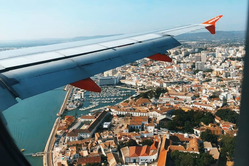 View of Faro, Portugal, from airplane window