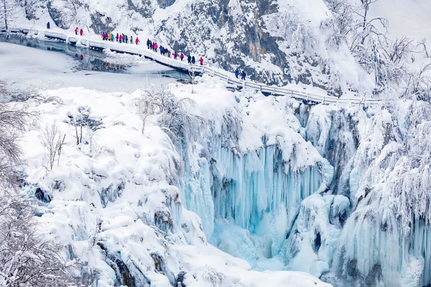 Frozen waterfalls at  Plitvice Lakes National Park in Croatia