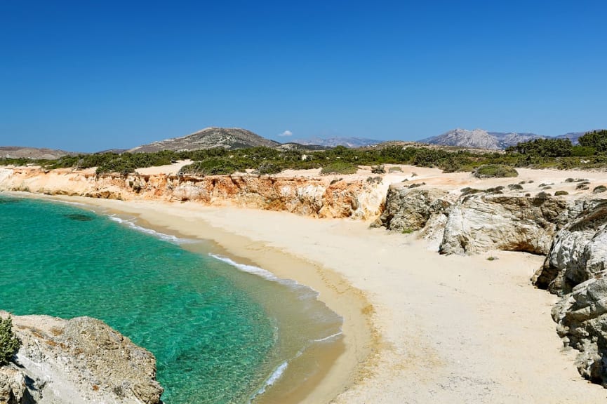 The beautiful sandy beach of Alyko in the south-west of Naxos, Greece