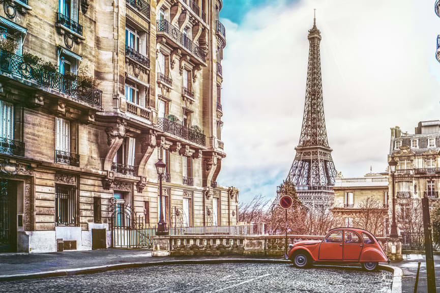 Paris street with view of Eiffel Tower in France