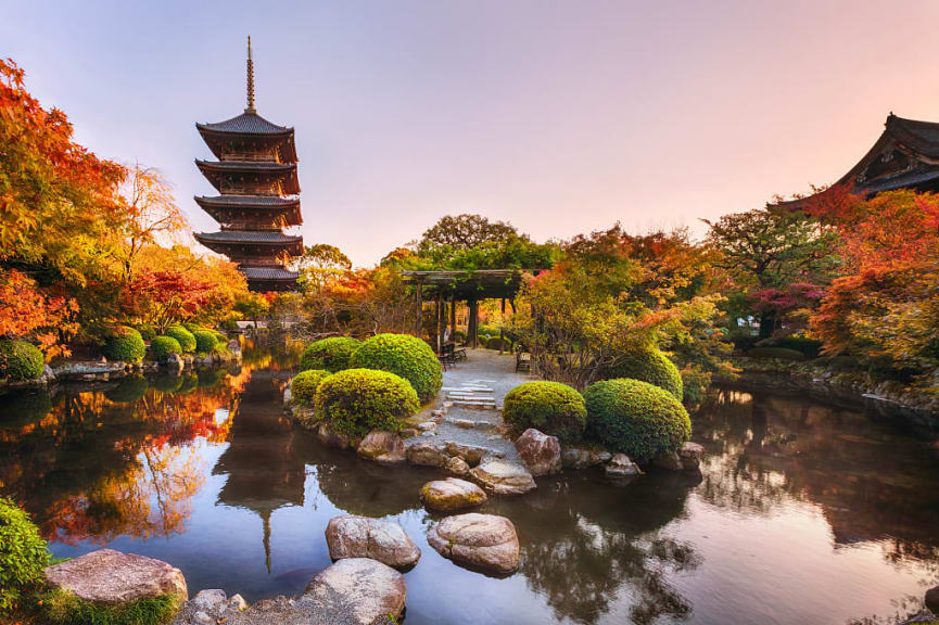 Toji Temple with pagoda, autumn gardens and pond, in Kyoto, Japan