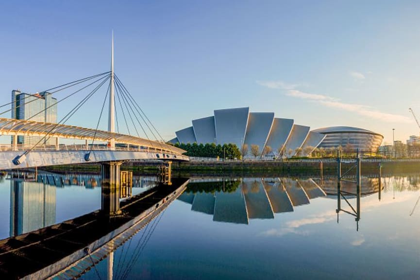 View from Bells Bridge, including the SSE Hydro, Finnieston Crane and Glasgow Eye Bridge