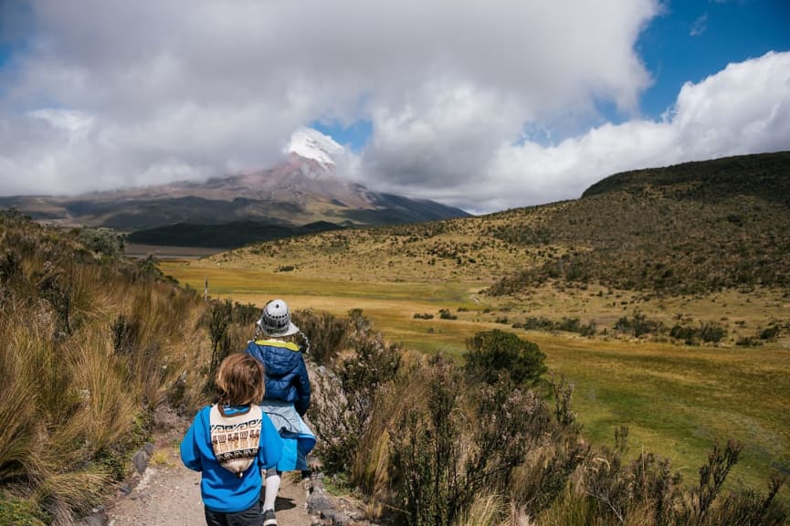 Family hiking at Cotopaxi in Ecuador