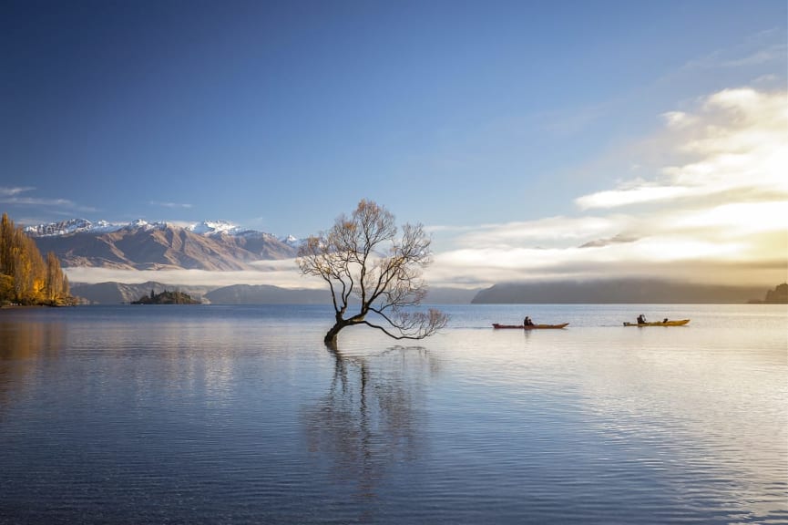 Kayaking on Lake Wanaka in Otago, New Zealand.  Photo courtesy of Tourism New Zealand / Miles Holden