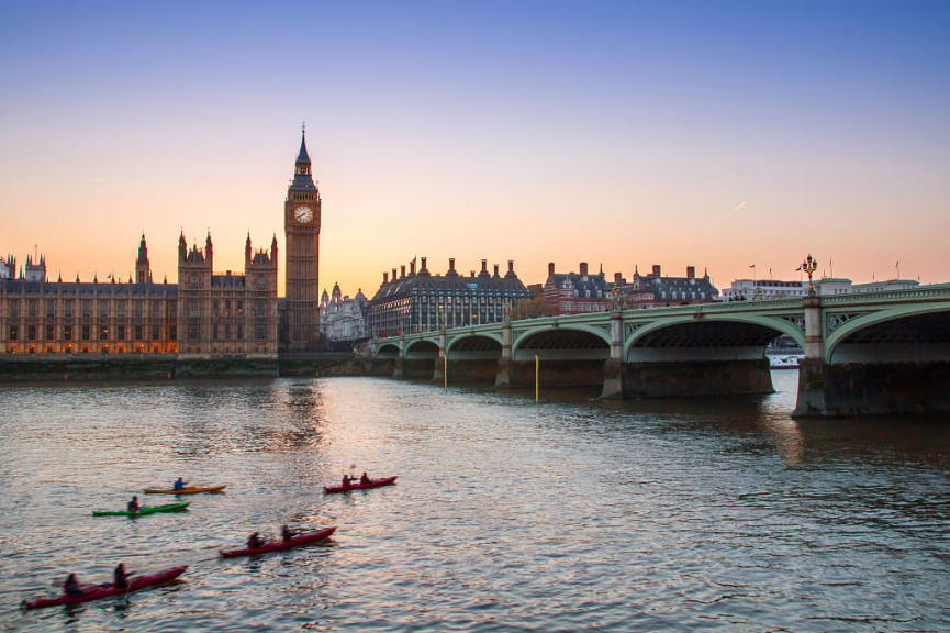 Kayaking on the River Thames with views of Big Ben and Parliament in London