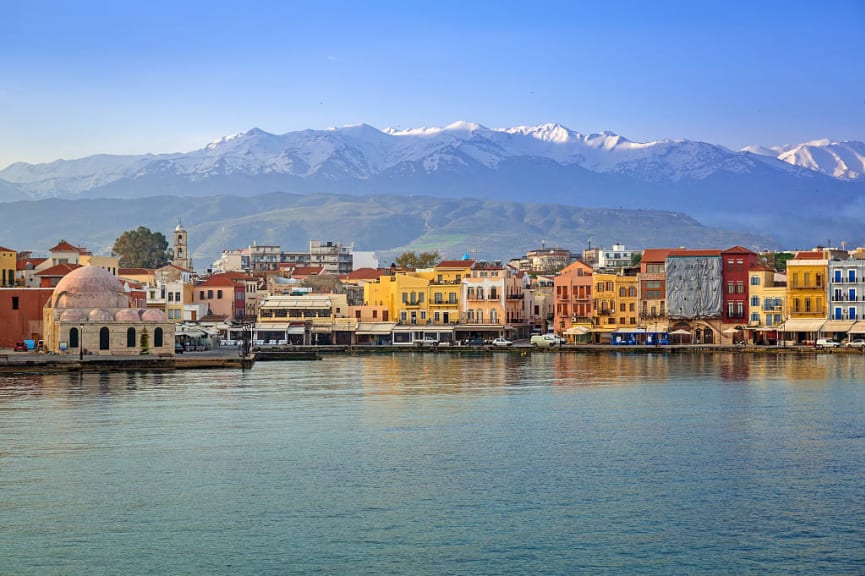 Old Venetian port of Chania at dawn in Crete, Greece.