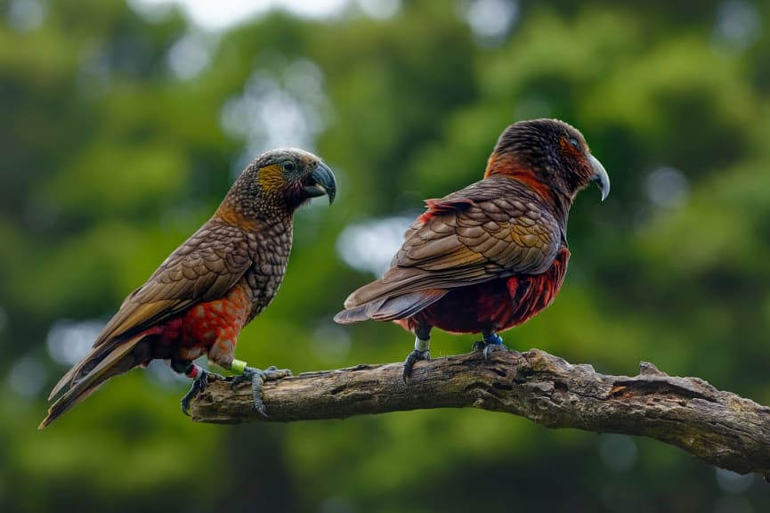 Two kākā birds in the forest on Stewart Island
