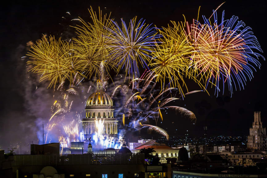 Fireworks over the capital building in Havana, Cuba