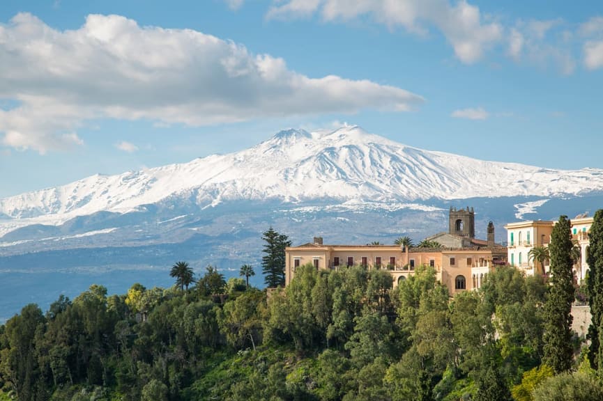 View of Mount Etna from Taormina in Sicily, Italy