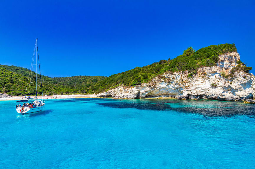 Sailboat at Voutoumi beach on Antipaxos near Corfu, Greece