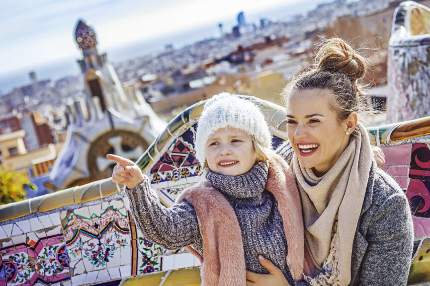 Mother and daughter at Park Guell in Barcelona, Spain