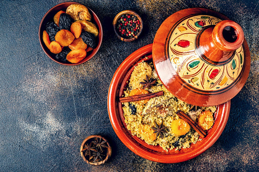 Traditional Moroccan tajine of chicken with dried fruits and spices