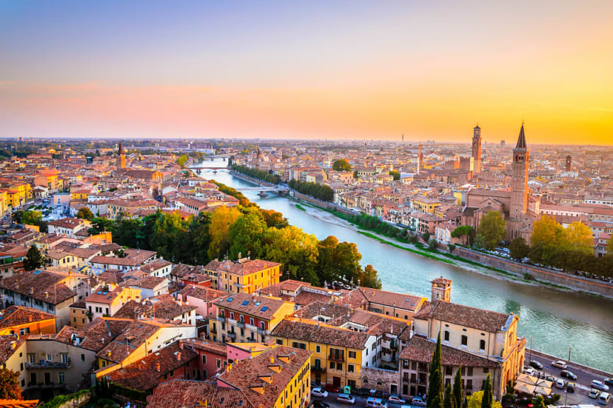 Sunset over Verona with the Adige River in Italy