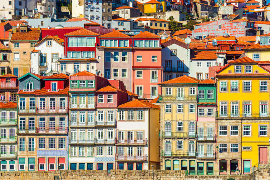 Colorful rows of old historical houses in Porto, Portugal