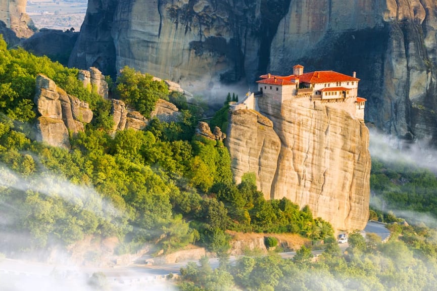 Mountain scenery with meteora rocks and monastery