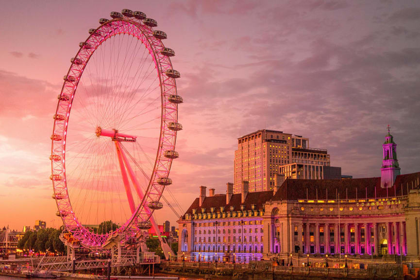 The London Eye at sunset in England