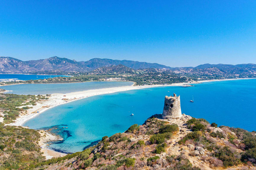 Porto Giunco beach and tower in Villasimius, Sardinia