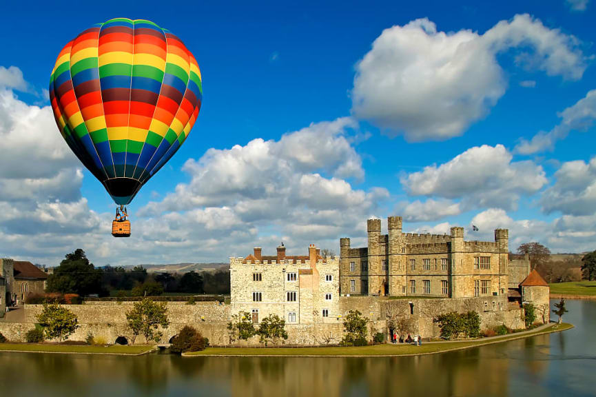 Hot air ballon over Leeds Castle in England