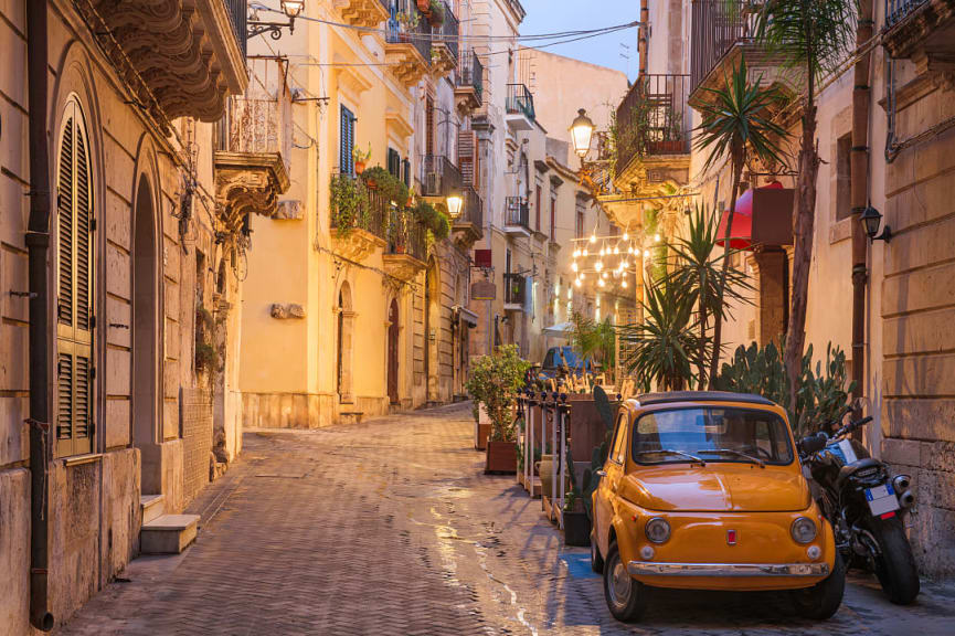 Quaint cobblestone street in Ortigia in Syracuse, Sicily