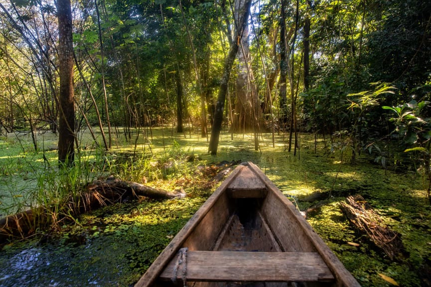 Canoe in the Amazon Rainforest in Leticia, Colombia.