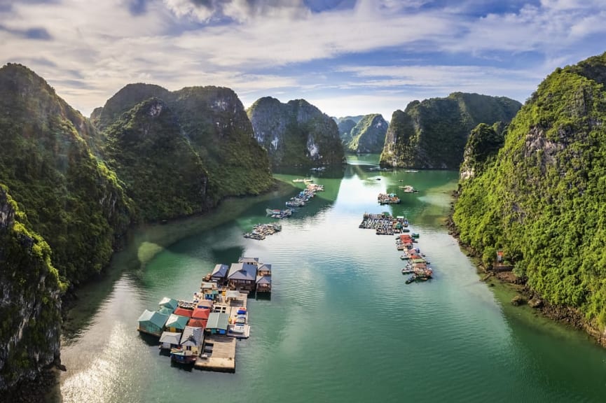 Aerial view of floating fishing village in Halong Bay, Vietnam.