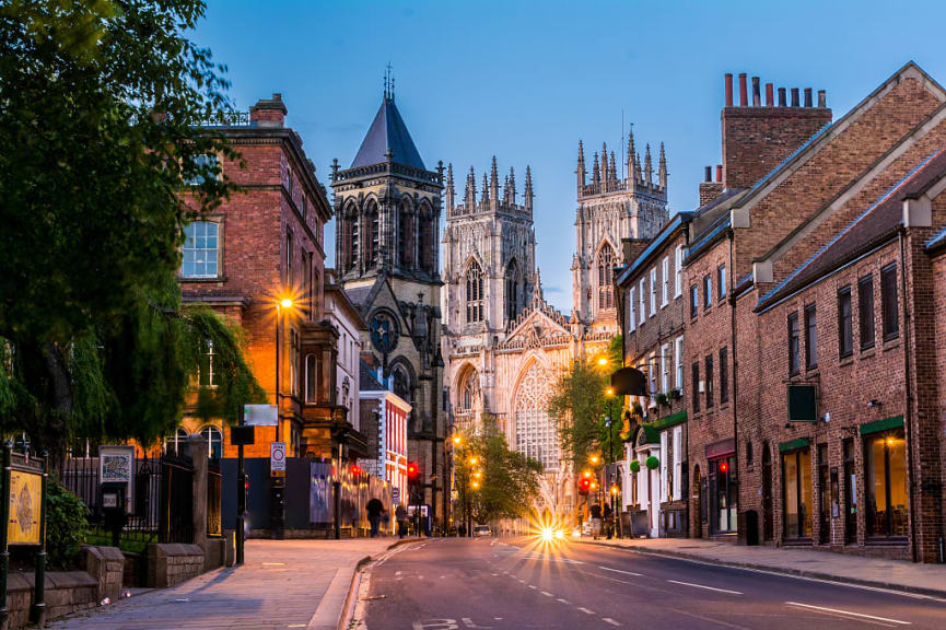 Evening city view with York Minster in the background, York, England