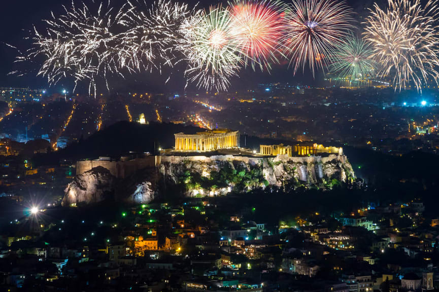 Fireworks over the Acropolis in Athens, Greece