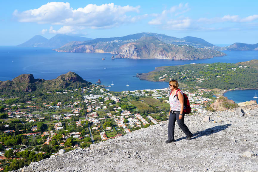 Senior lady hiking at Aeolian Island in Italy