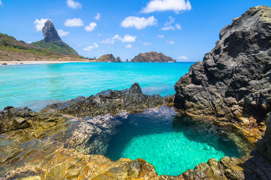 Beautiful view of Conceicao and middle beaches with peak hill at Fernando de Noronha, Brazil