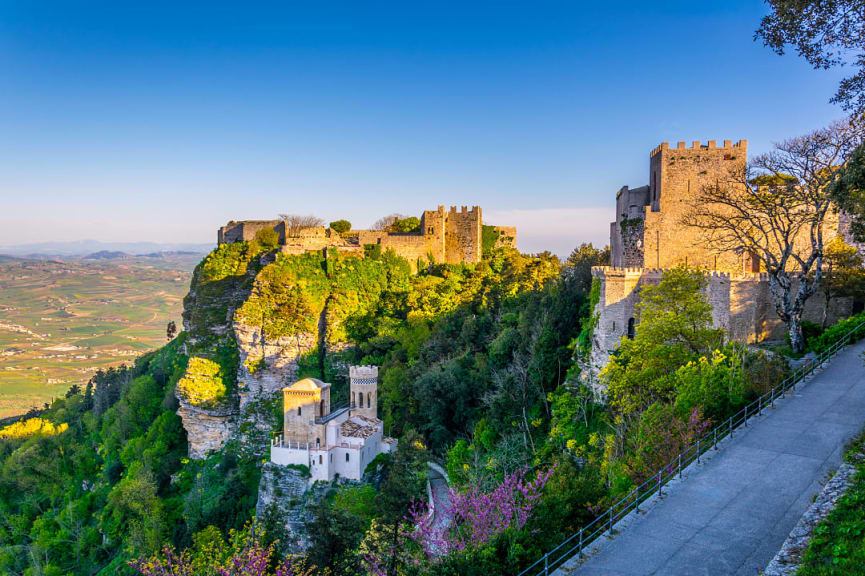 View of Castello di Venere at sunrise in Erice, Sicily