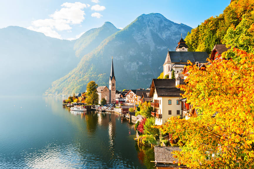 Hallstatt village in Austrian Alps at sunrise