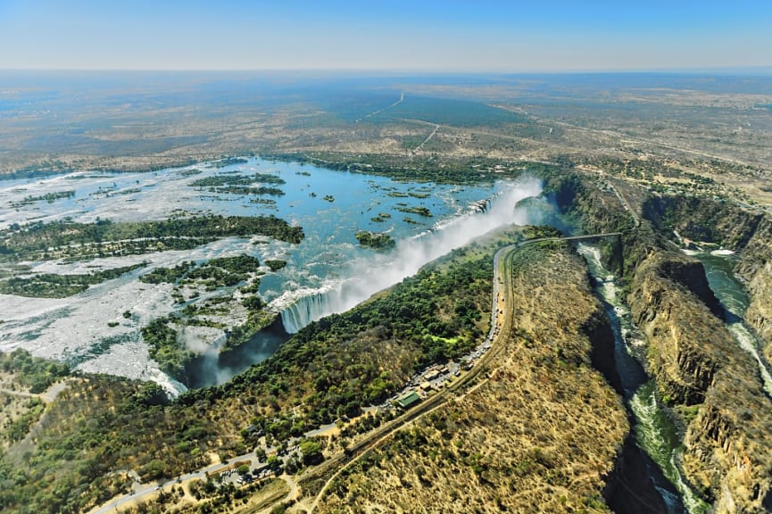 Helicopter view of the waterfall and the city of Victoria Falls, Zanzibar