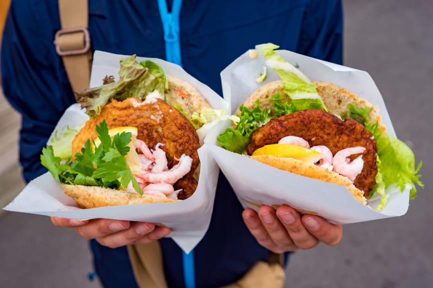 Fish cutlet with grilled shrimp (street food) in Norway