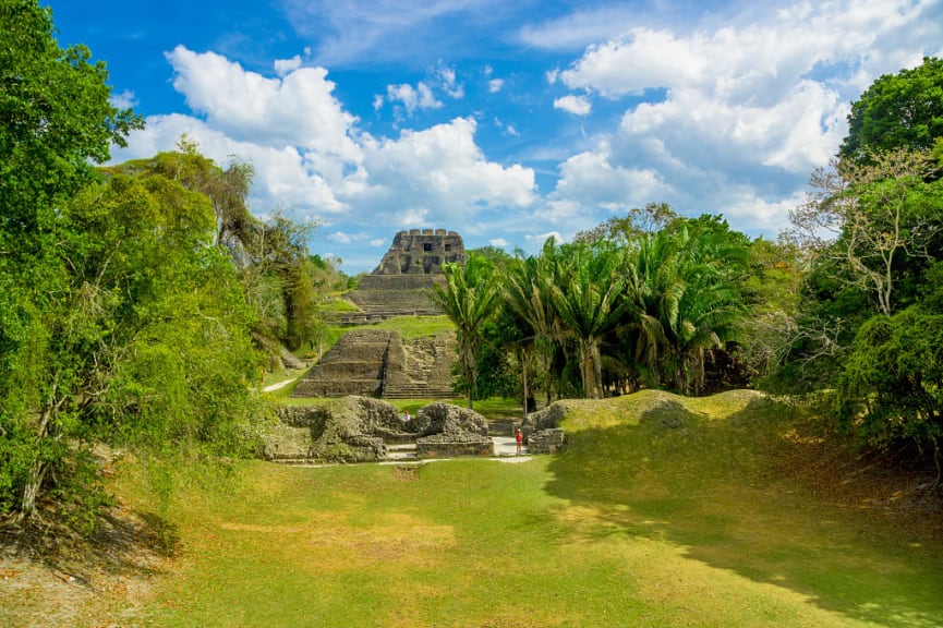 Xunantunich surrounded by lush jungle landscape in Belize