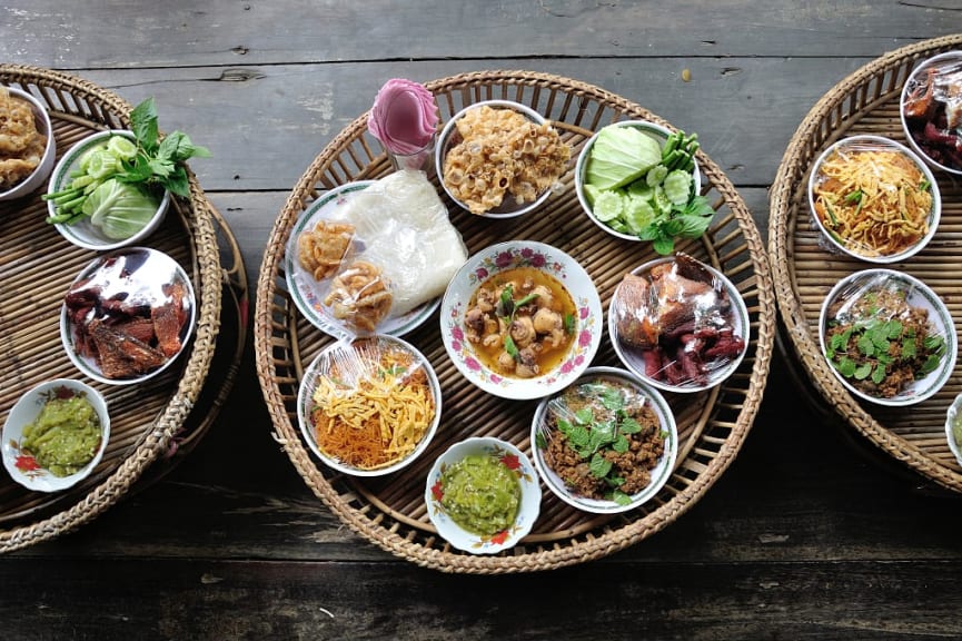 Traditional meal set in a kantoke, pedestal tray, common in Chiang Mai, Thailand