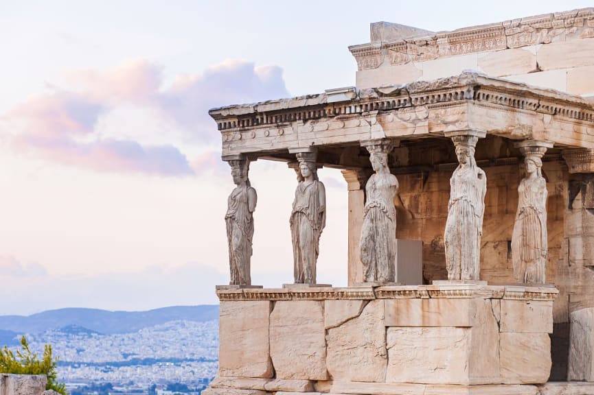 Caryatid porch of the Erechtheum, on the Acropolis at Athens, Greece. 