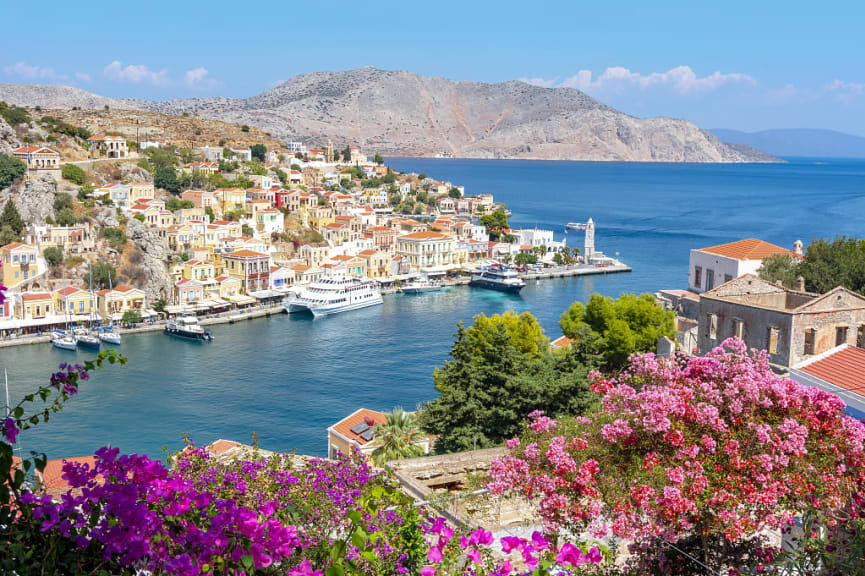 Symi Town harbor on Symi island