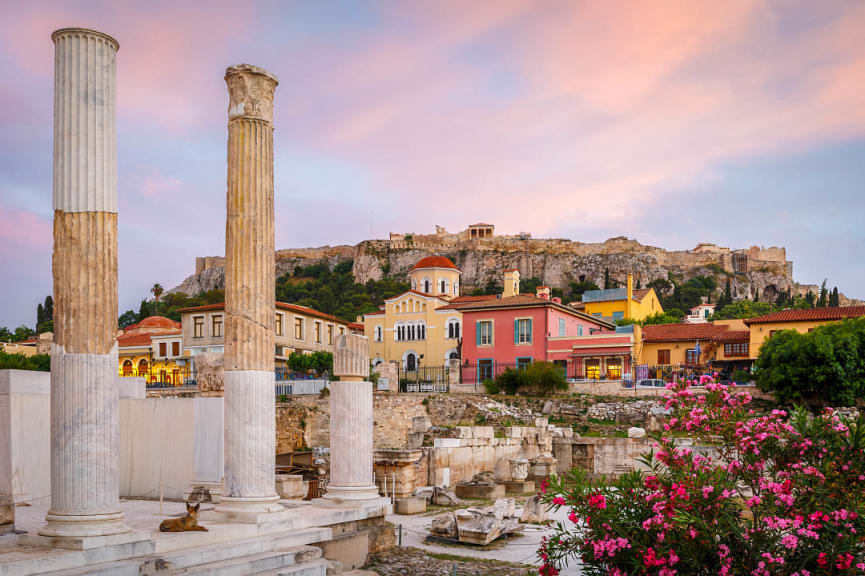 Remains of Hadrian's library and Acropolis in the old town of Athens