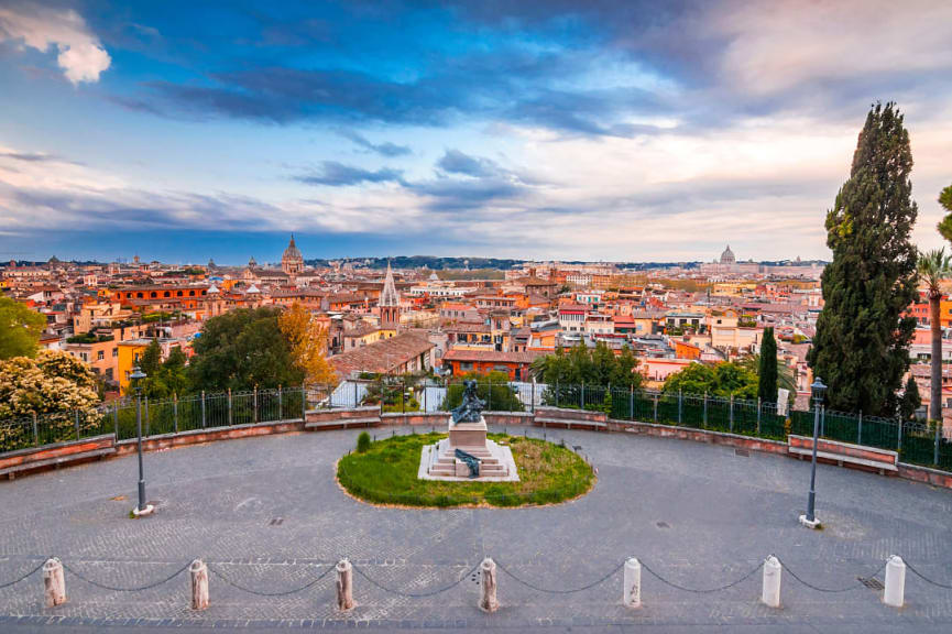 Pincio Terrace with view of Rome skyline in Italy