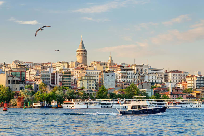 Bosphorus Strait with Galata Tower in Istanbul, Turkey