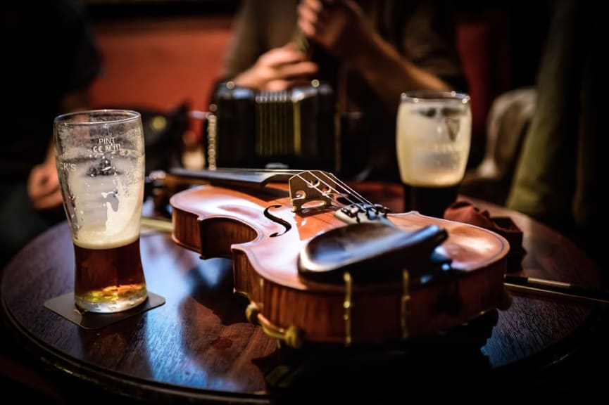 Fiddle on the table in a pub in Ireland.