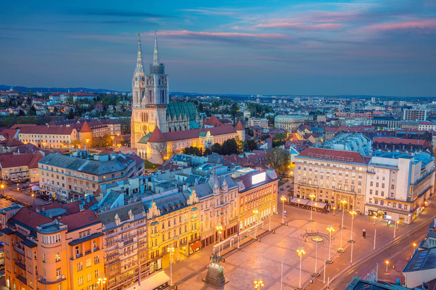 City square and cathedral at twilight in Zagreb, Croatia