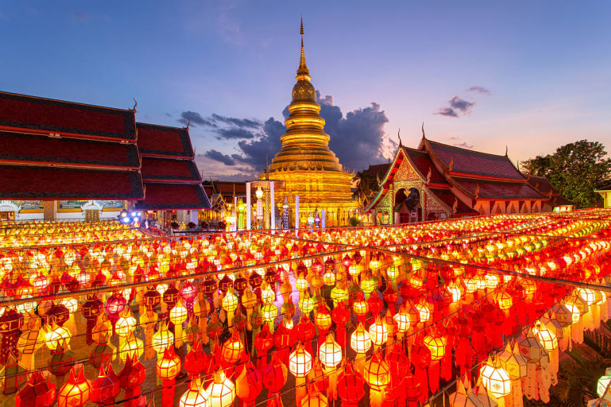 Colorful lantern festival Loi Krathong at Wat Phra That Thariphunchai in Lamphun, Thailand