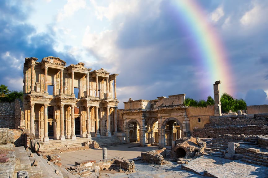 Rainbow over Celsus Library in Ephesus, Turkey