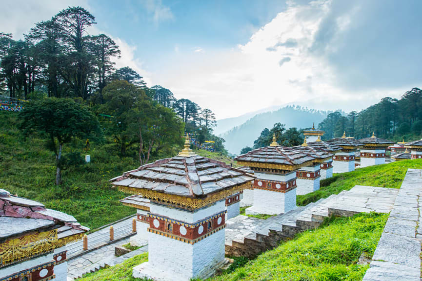 Memorial chortens at Dochula Pass in Bhutan