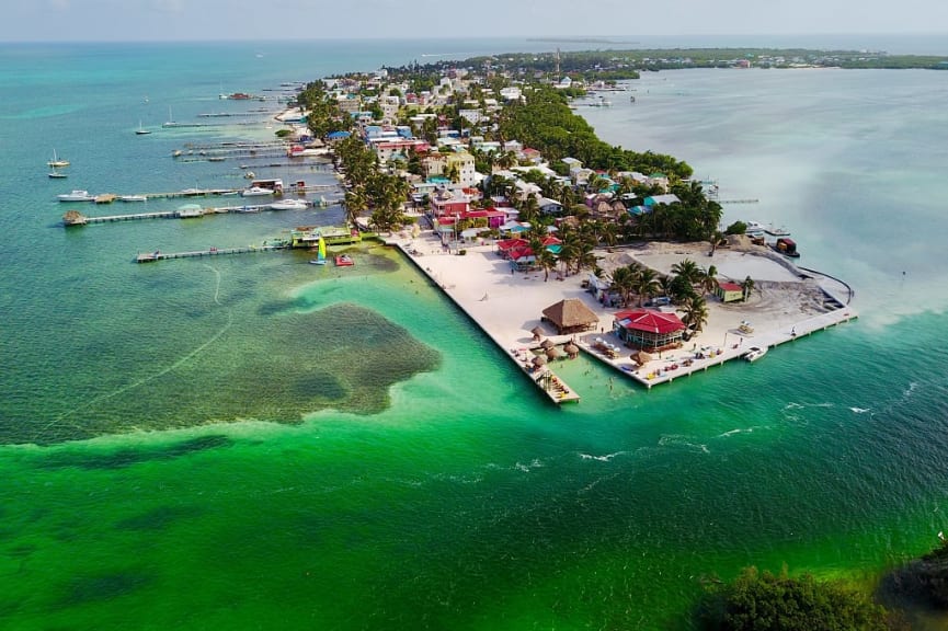 Aerial view of Kay Kolker Island, Belize.