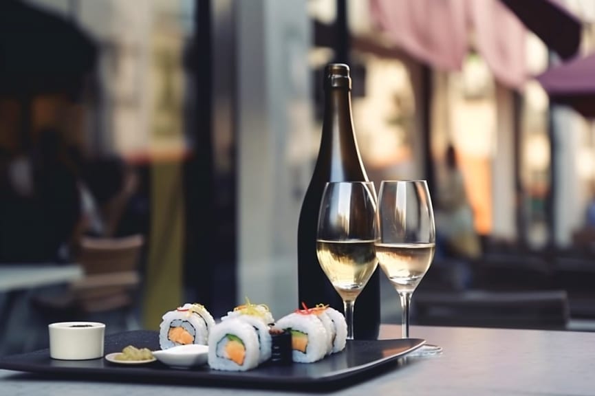 Sushi rolls and wine served at a restaurant in Tokyo, Japan